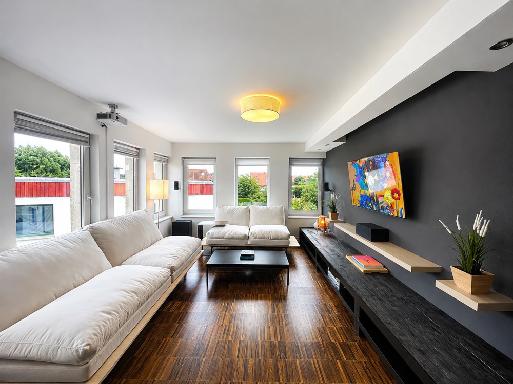 Helles Wohnzimmer mit breiter Fensterfront